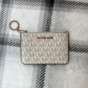 Michael Kors Cream and Tan MK Logo Zip Pouch with Keyring